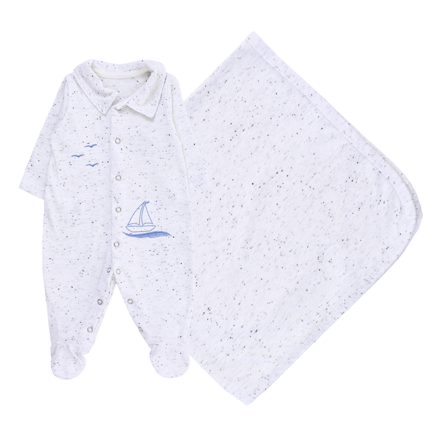 Saída Maternidade Ternura Menino Bordado Barco 2 Peças