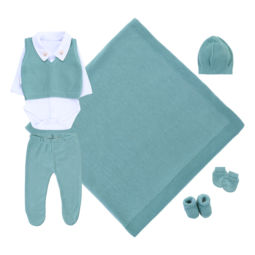 Saída Maternidade Ternura Menino Tricô E Suedine 7 Peças