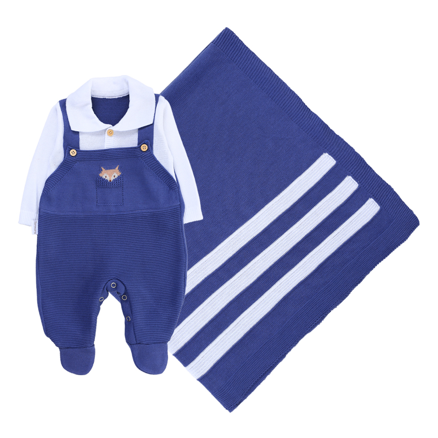 Saída Maternidade Ternura Menino Jardineira Tricô 3 Peças