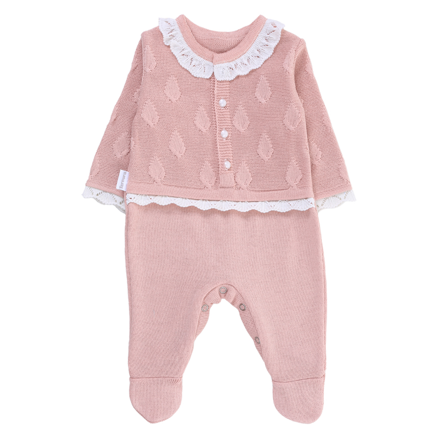 Macacão Longo Fofinho Menina Tricô Trabalhado Detalhe Renda