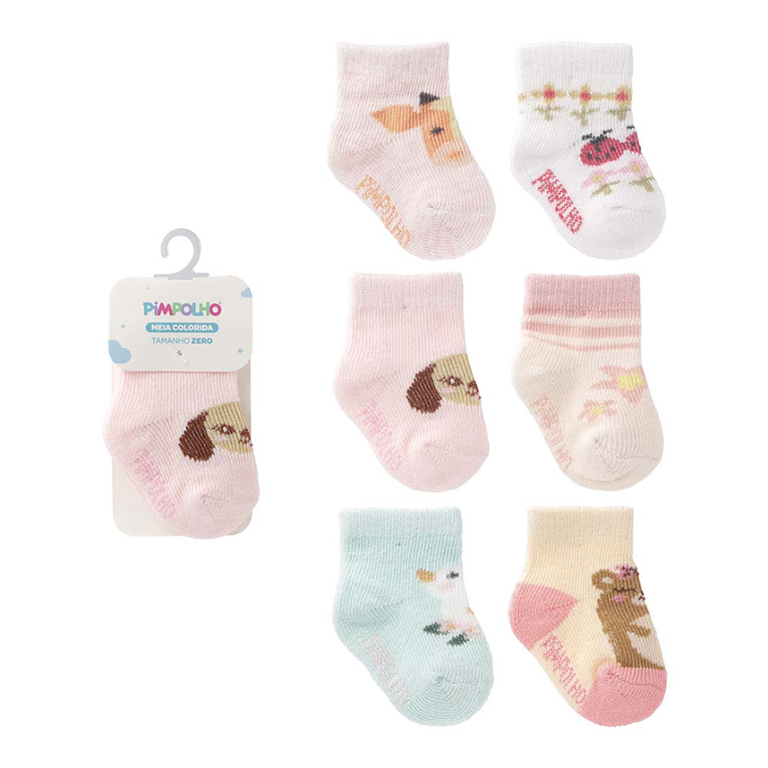 Meia Bebê Pimpolho Menina Cano Alto Estampada 6 Peças