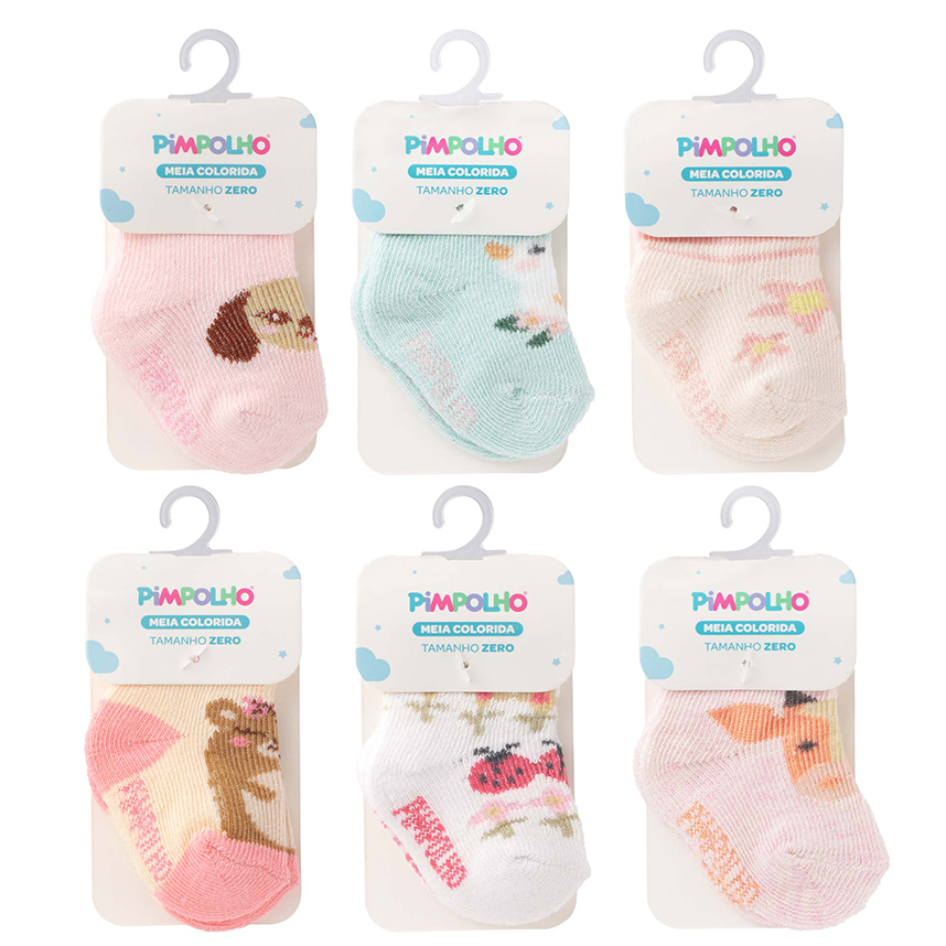 Meia Bebê Pimpolho Menina Cano Alto Estampada 6 Peças