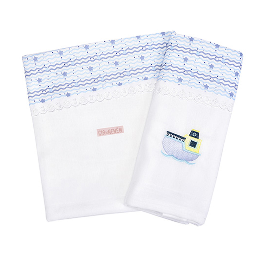 Toalha Fralda Cia Do Neném Bordado Barco 2 Peças