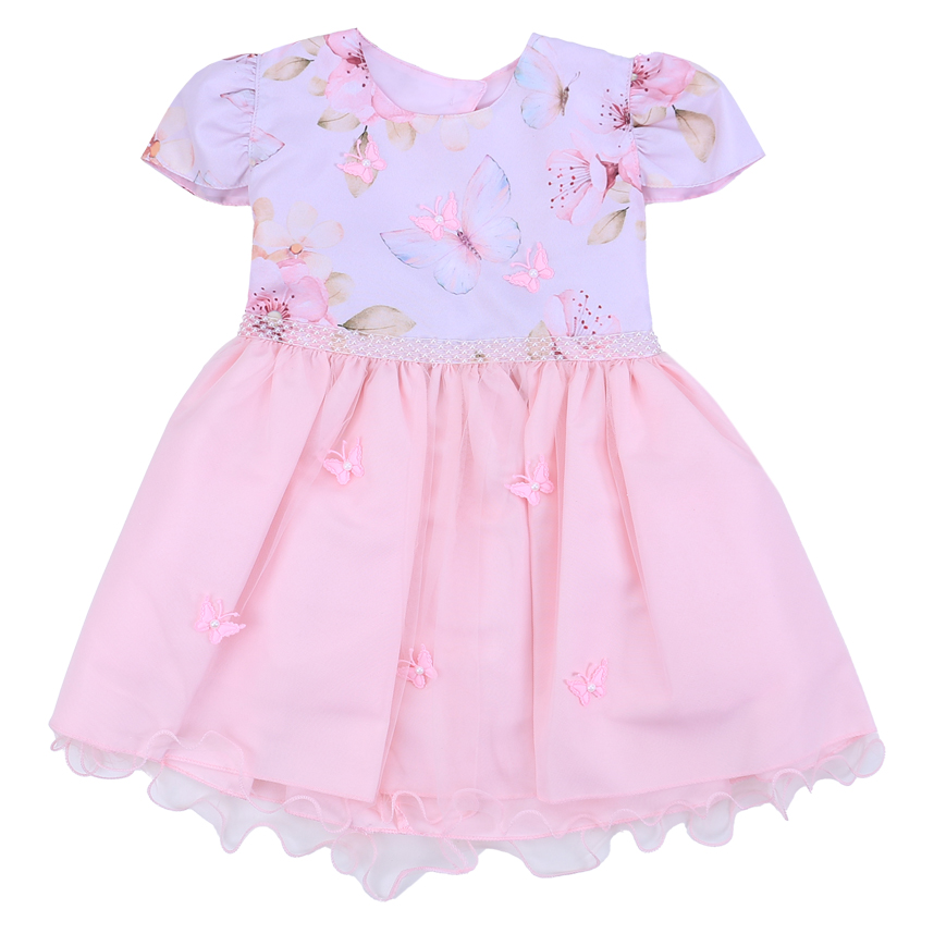 Vestido Infantil Planeta Rosa Pala Flor Aplique Borboletas
