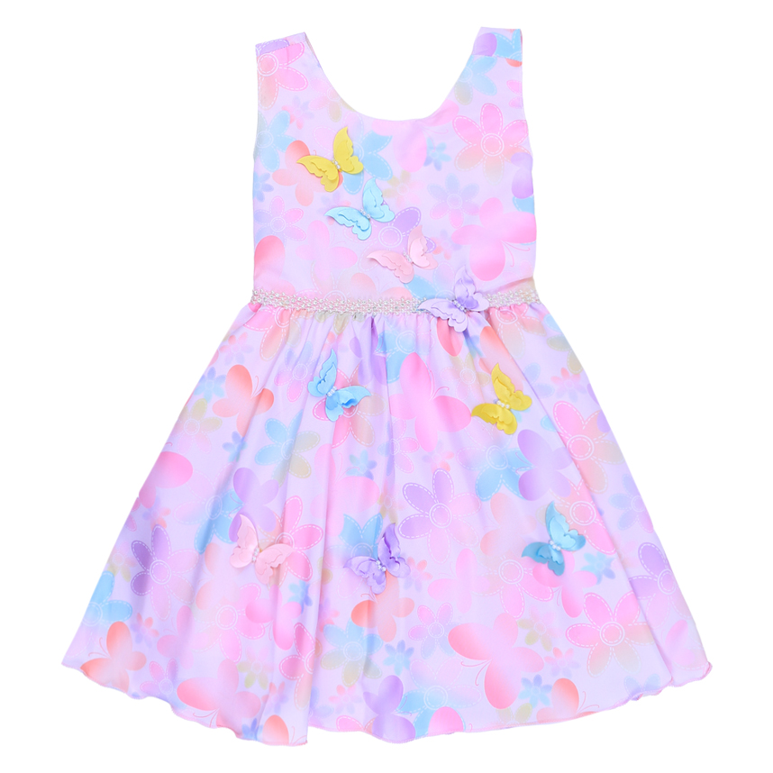 Vestido Infantil Planeta Rosa Regata Floral Aplique Borboleta