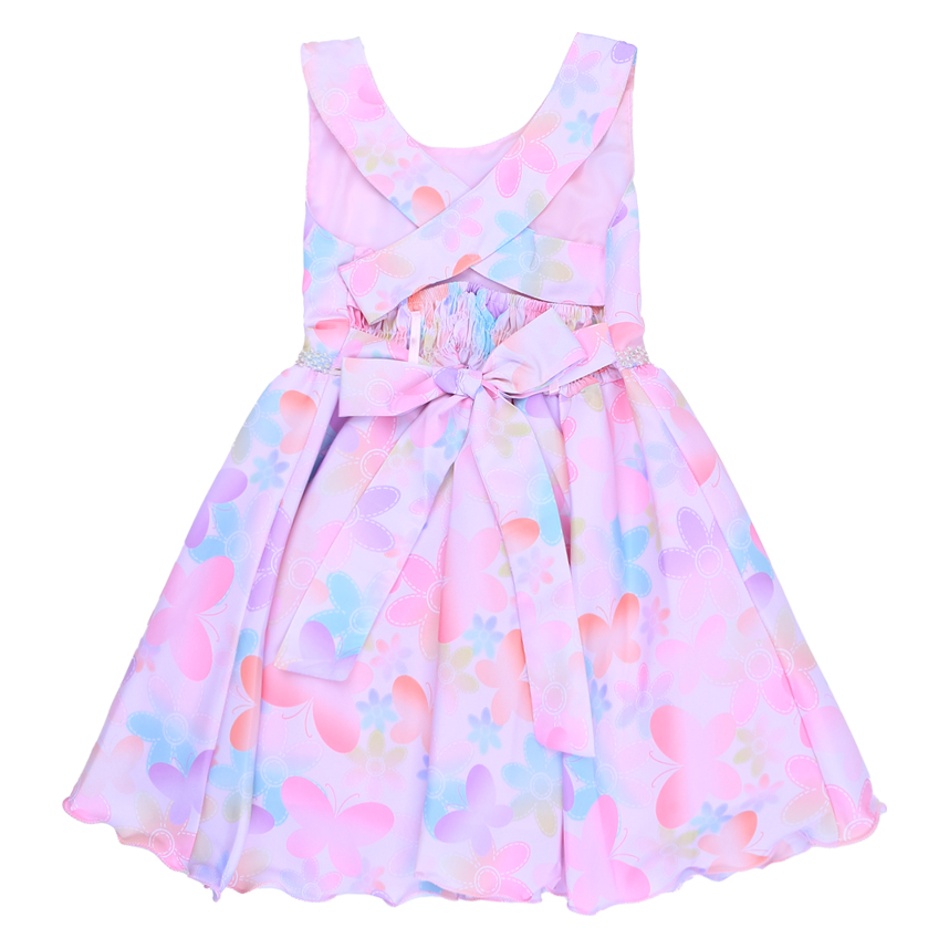 Vestido Infantil Planeta Rosa Regata Floral Aplique Borboleta