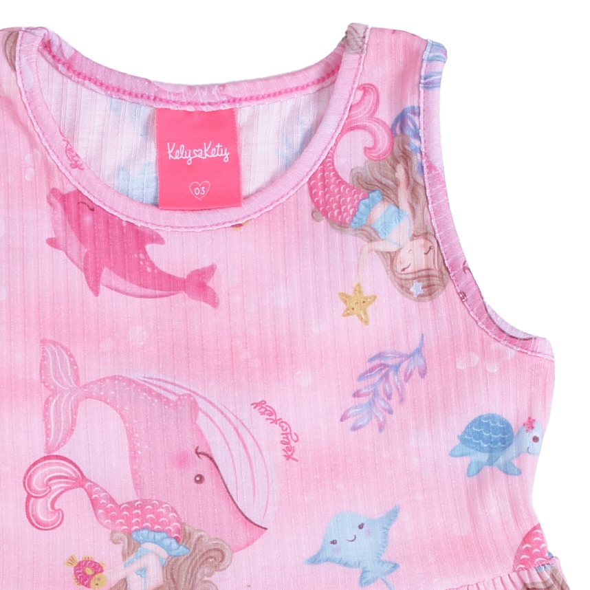 Vestido Infantil Kely Kety Canelado Estampa Sereias
