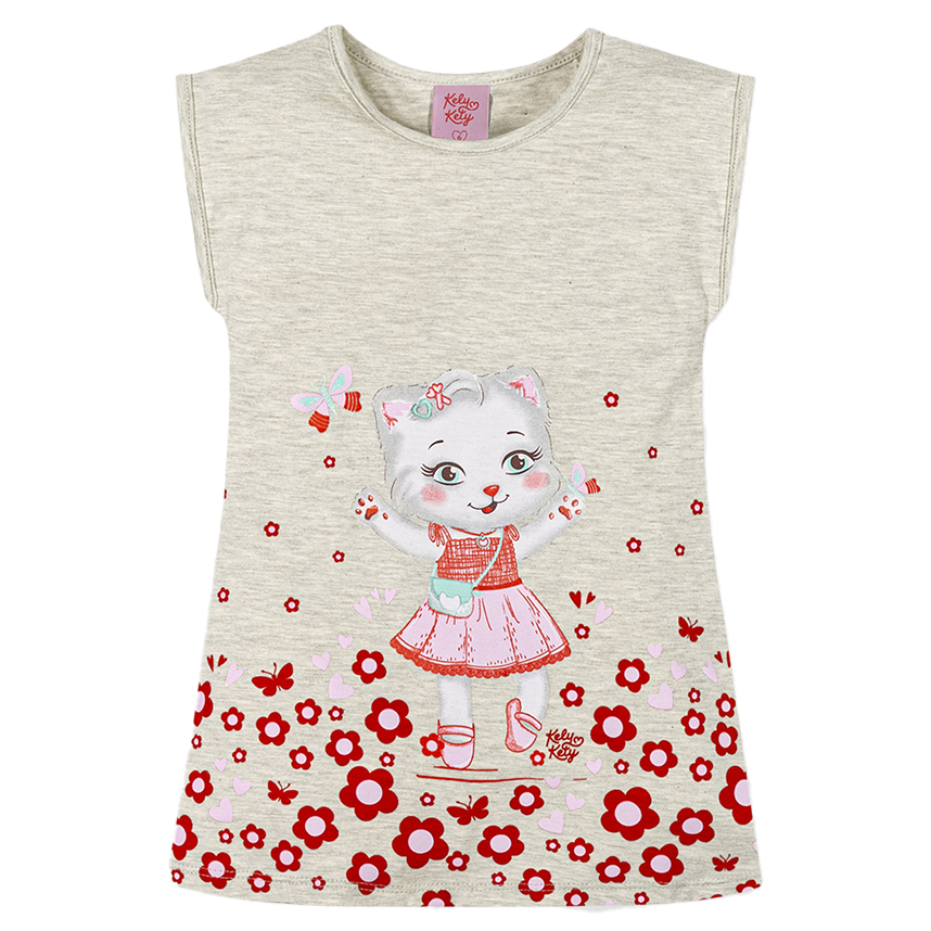 Vestido Infantil Kely Kety Manga Curta Estampa Gatinha