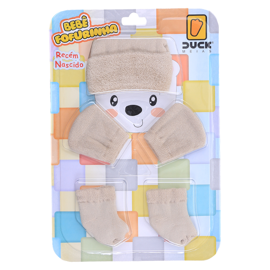 Kit Enxoval Bebê Duck Fofurinha Luva Touca E Meia Bege