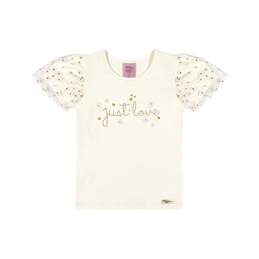 Blusa Infantil Kely Kety Manga Curta Detalhe Tule Floral