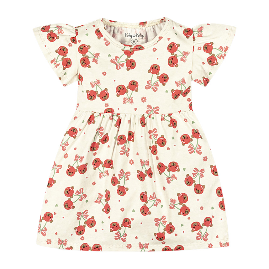 Vestido Bebê Kelly Kety Meia Malha Estampa Cereja Ursinho