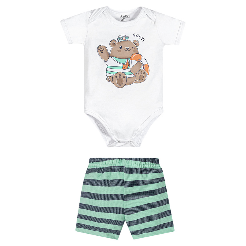 Conjunto Bebê Reirex Body Cotton E Bermuda Listrada