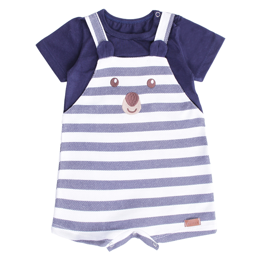 Macacão Curto Bebê Menino Ursinho Jardineira Listrada