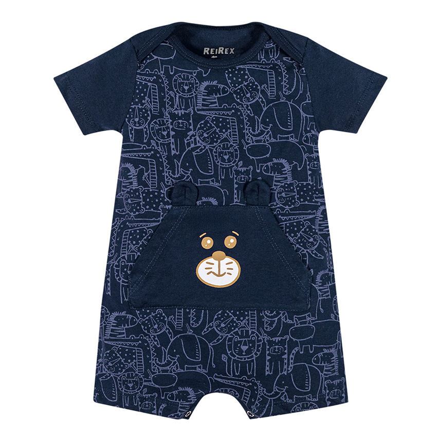 Macacão Curto Bebê Reirex  Estampado Bolso Canguru