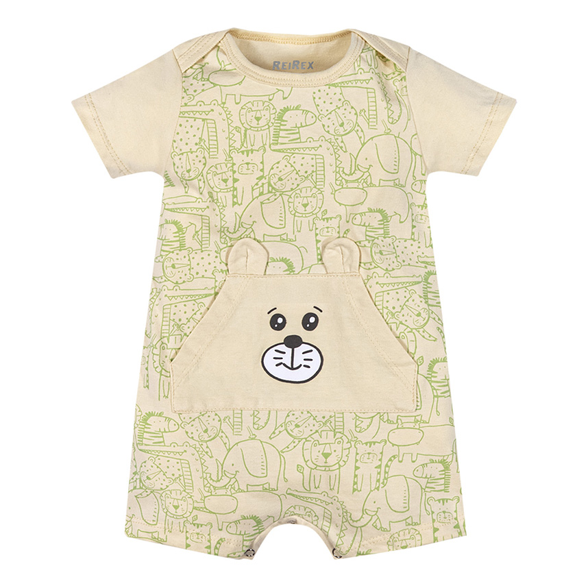 Macacão Curto Bebê Reirex Estampado Bolso Canguru Macacão Curto Bebê Reirex Estampado Bolso Canguru