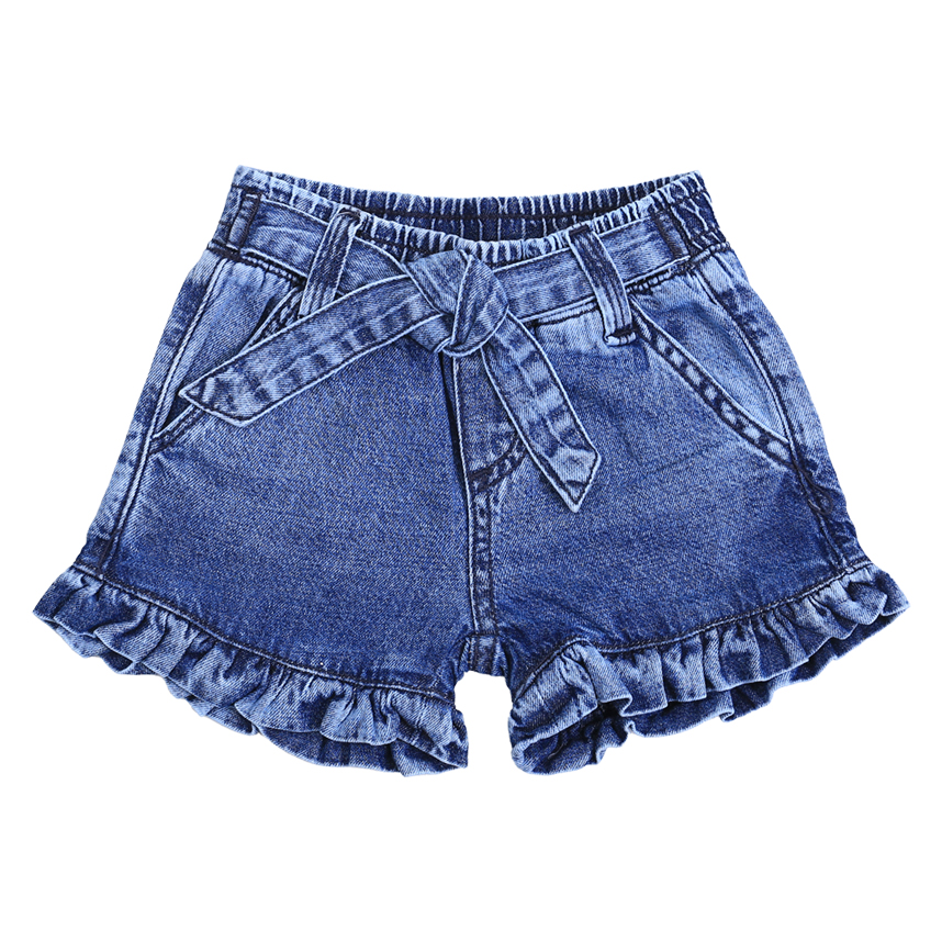 Short Jeans Infantil Oznes Com Cinto Detalhe Barra Babado