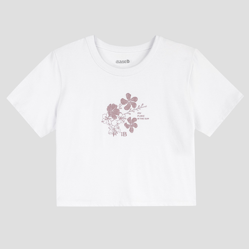 Blusa Juvenil Based Manga Curta Estampa Flores Metalizada