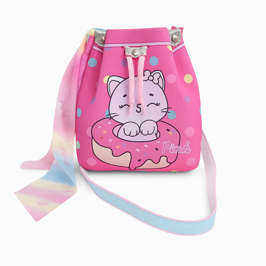 Bolsa Infantil Bucket Princesa Pink Estampa Gatinha Poá