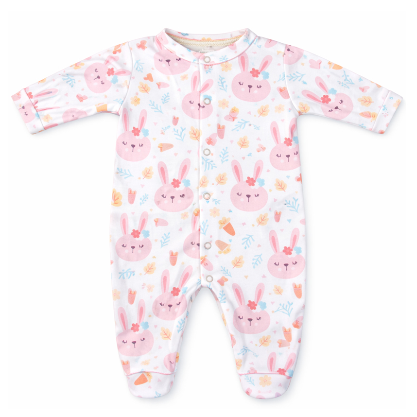 Macacão Longo Bebê Smoby Menina Estampa Coelho Flor
