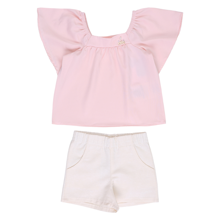 Conjunto Infantil Milli Nina Blusa Bata Com Pérola E Short