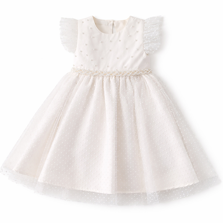 Vestido Tule Infantil Cattai Bordado Poá E Pérolas