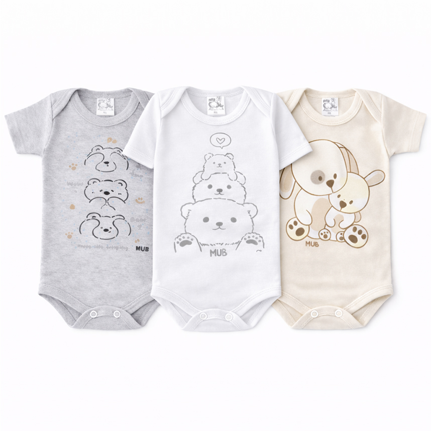 Kit Body Manga Curta Estampa Ursos Mãe E Filho 3 Peças