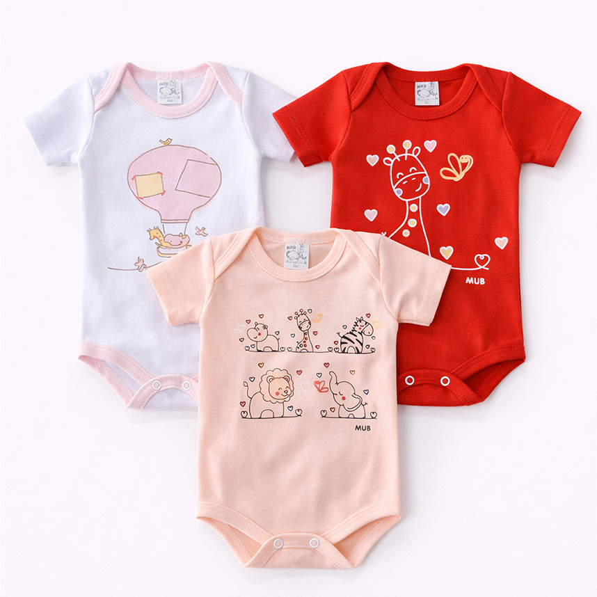 Kit Body Bebê Mub Manga Curta Estampa Bichos 3 Peças