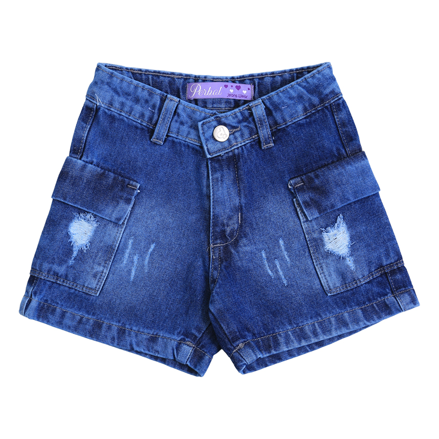 Short jeans Juvenil Perbol Detalhe Puídos E Bolso Cargo