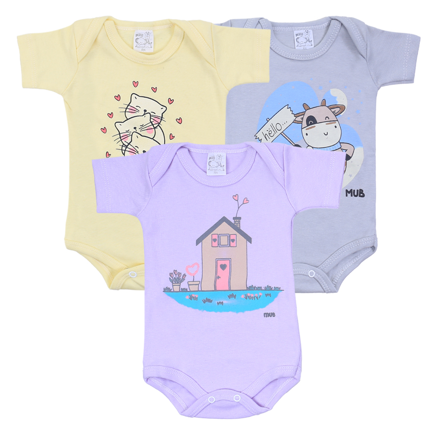 Kit Body Bebê Manga Curta Estampa Vaca, Cats e Casa 3 Peças