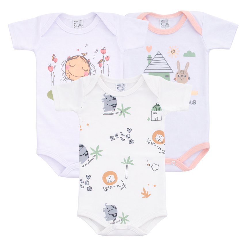 Kit Body Bebê Manga Curta Estampa Safari, Coelho 3 Peças