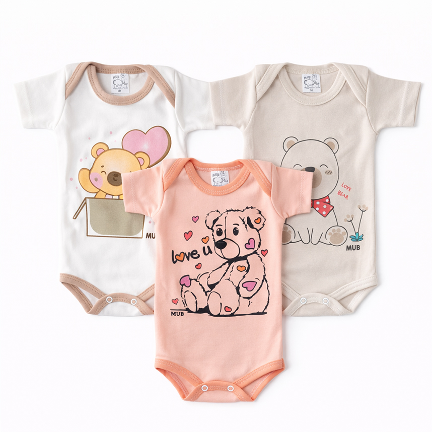 Kit Body Mub Manga Curta Estampa Ursinhos 3 Peças