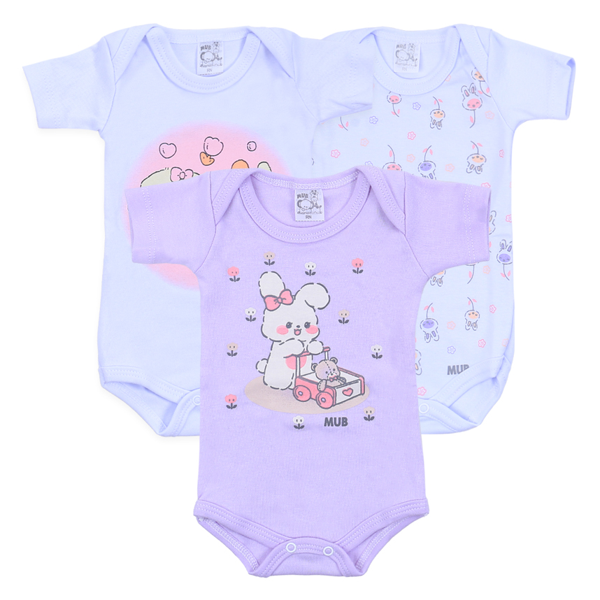Kit Body Bebê Manga Curta Estampa Ursinhos 3 Peças