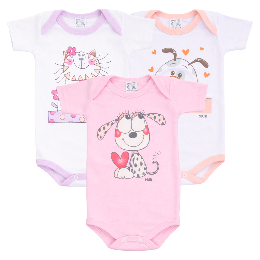 Kit Body Bebê Manga Curta Estampa Cachorrinho E Gato 3 Peças