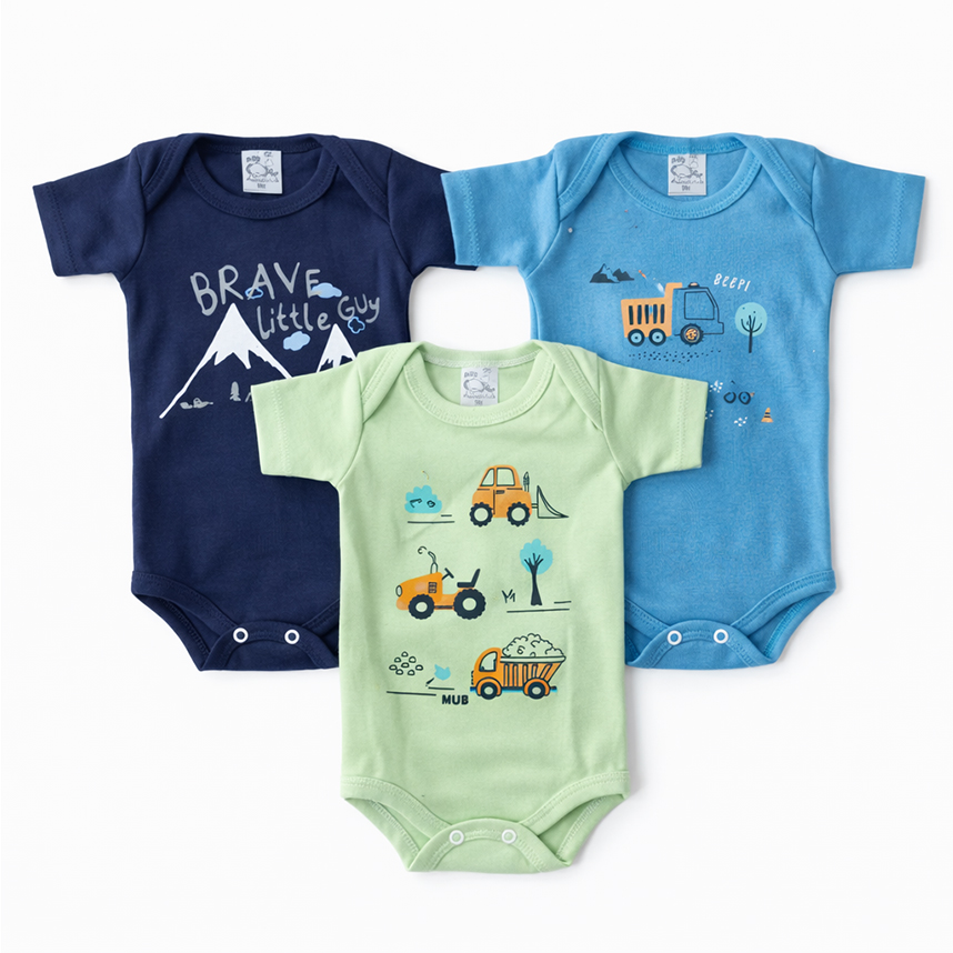 Kit Body Bebê Manga Curta Estampa Carro, Caminhão 3 Peças