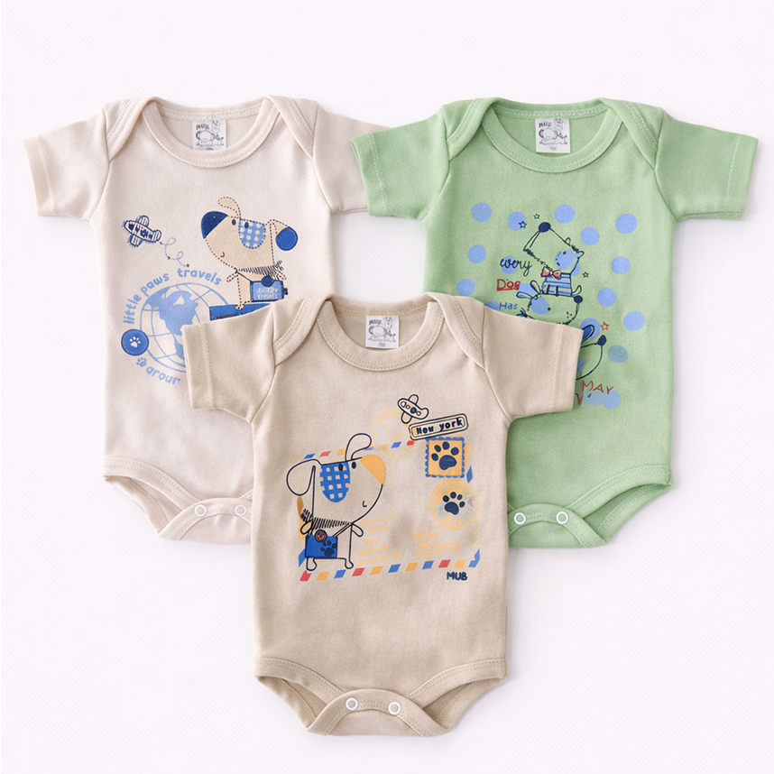 Kit Body Bebê Manga Curta Estampa Cachorro 3 Peças