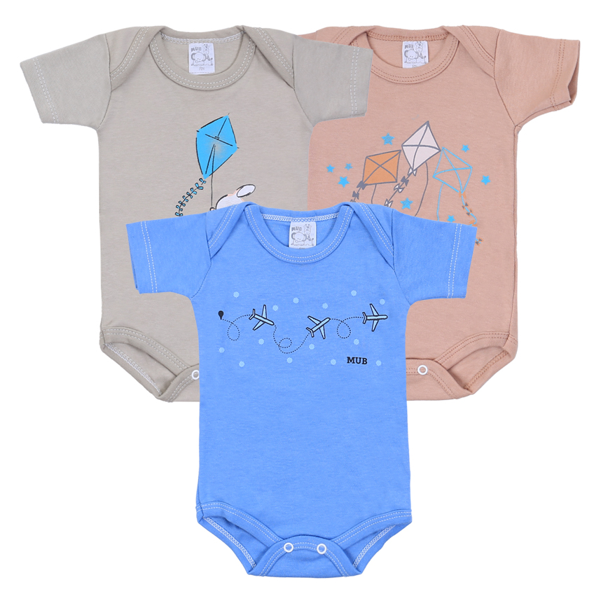 Kit Body Mub Manga Curta Estampa Cachorro Com Pipa 3 Peças