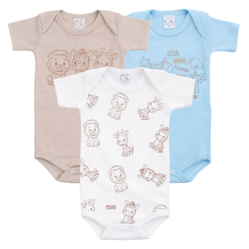Kit Body Mub Manga Curta Estampa Safari 3 Peças