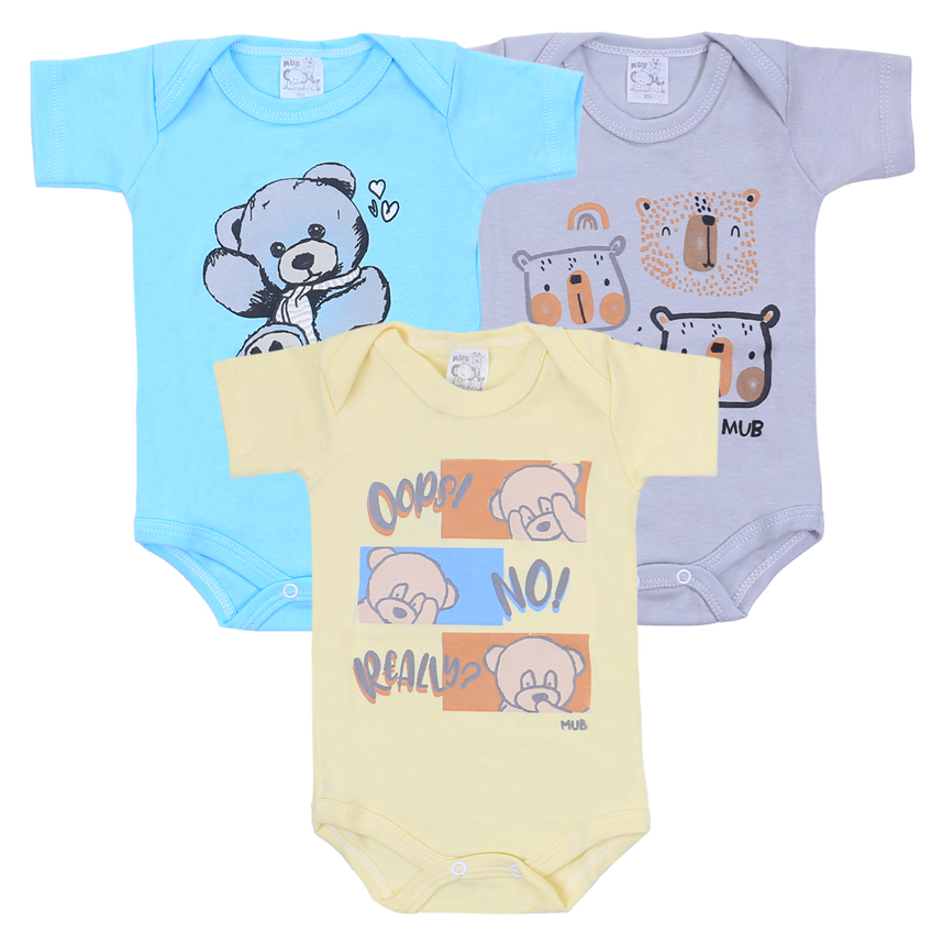 Kit Body Mub Manga Curta Estampa Ursinhos 3 Peças