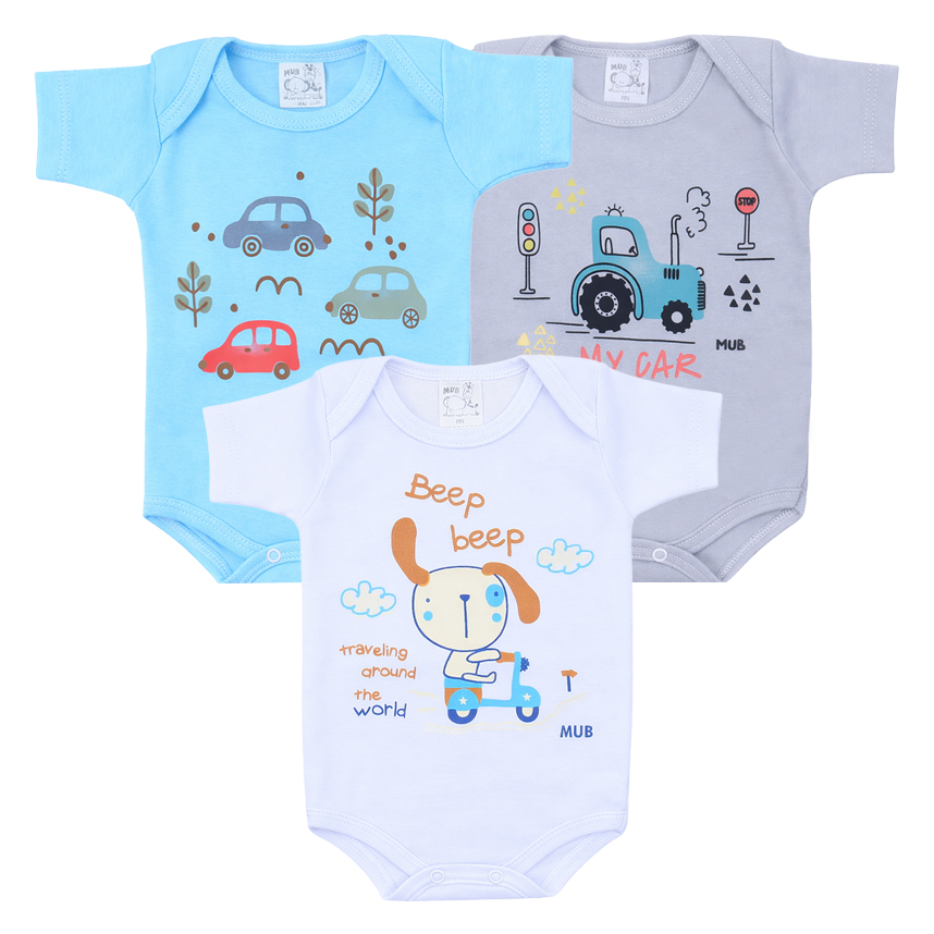 Kit Body Mub Manga Curta Estampa Carros 3 Peças