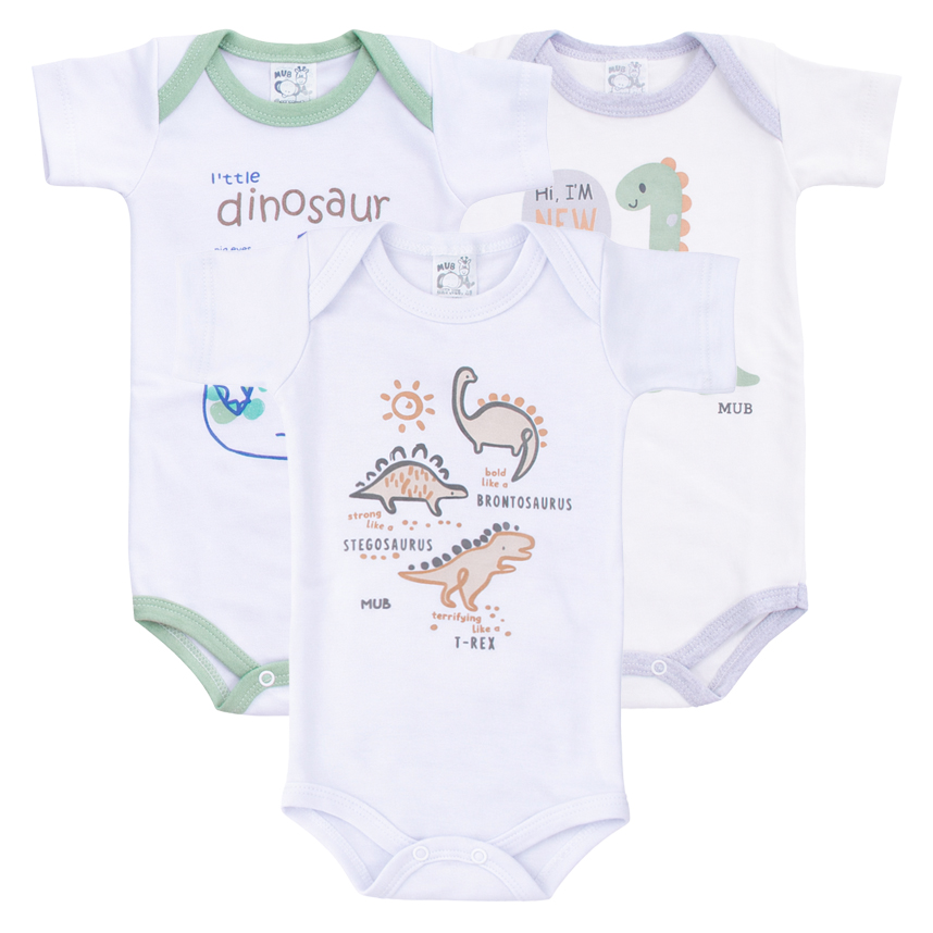 Kit Body Mub Manga Curta Estampa Dinossauros 3 Peças