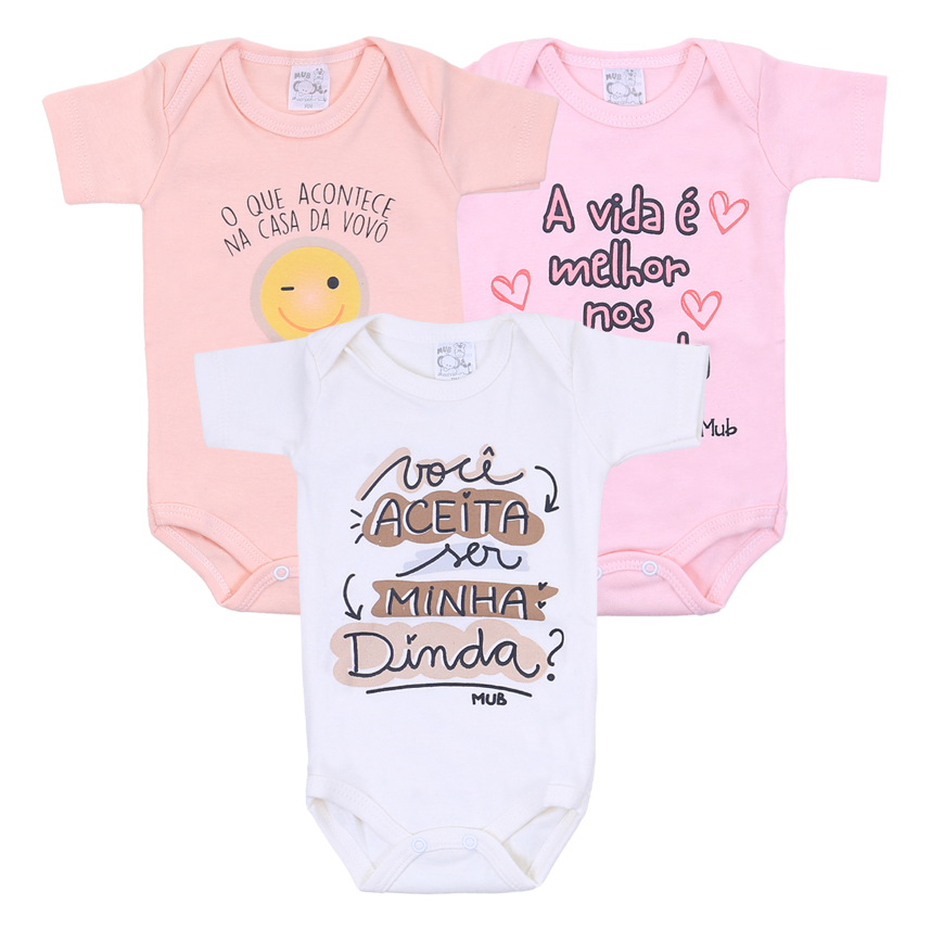 Kit Body Mub Manga Curta Estampa Frases 3 Peças