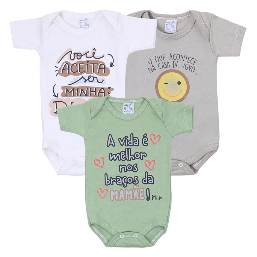 Kit Body Mub Manga Curta Estampa Frases 3 Peças