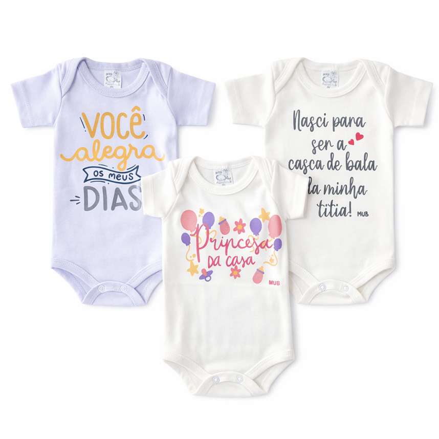 Kit Body Bebê Mub Estampa Princesa da Casa 3 Peças
