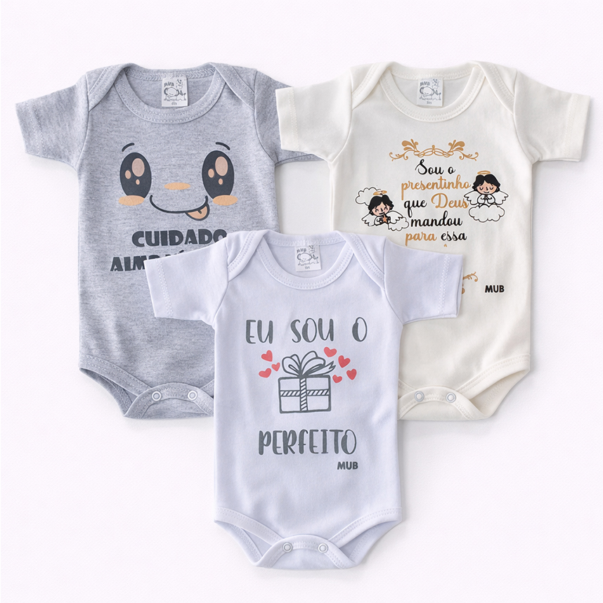 Kit Body Mub Manga Curta Estampa Presente de Deus 3 Peças