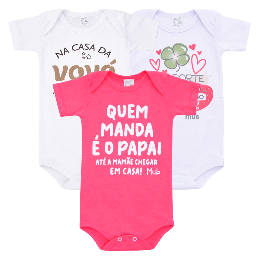 Kit Body Mub Manga Curta Frase Pai Mãe E Vovó 3 Peças