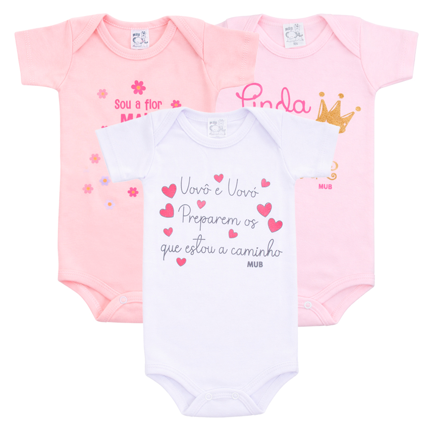 Kit Body Mub Manga Curta Frase Vó Mãe E Dinda 3 Peças