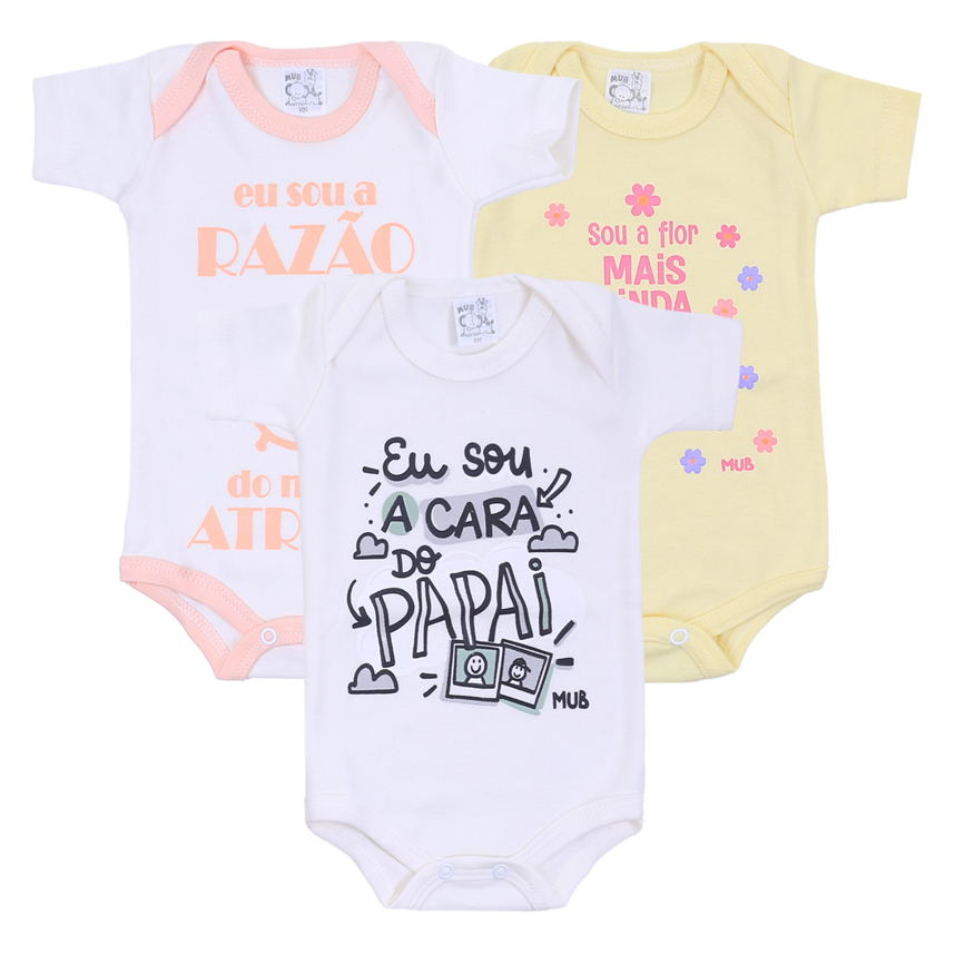 Kit Body Mub Manga Curta Frase Pai Mãe Relógio  3 Peças