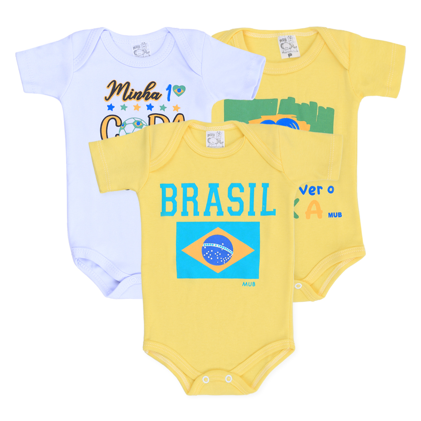 Kit Body Mub Manga Curta Estampa Copa Do Mundo 3 Peças