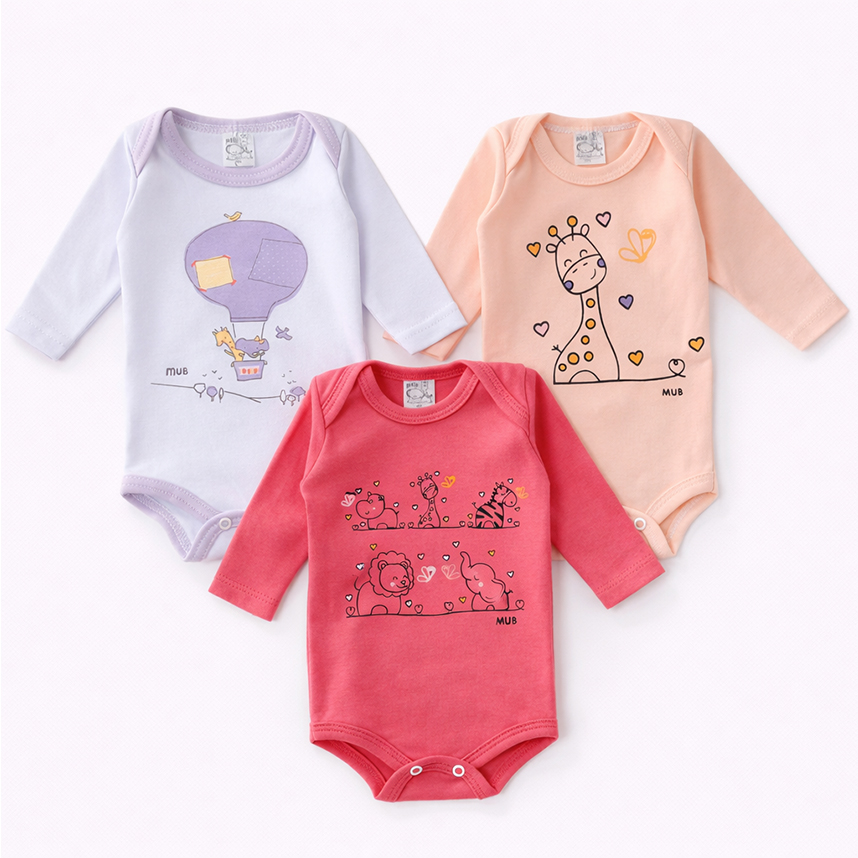 Kit Body Bebê Mub Manga Longa Estampa Bichos 3 Peças