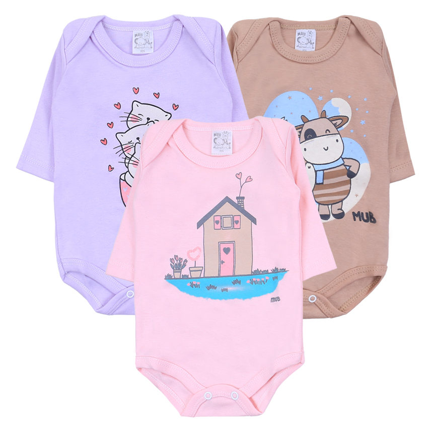 Kit Body Bebê Manga Longa Estampa Vaca, Cats e Casa 3 Peças